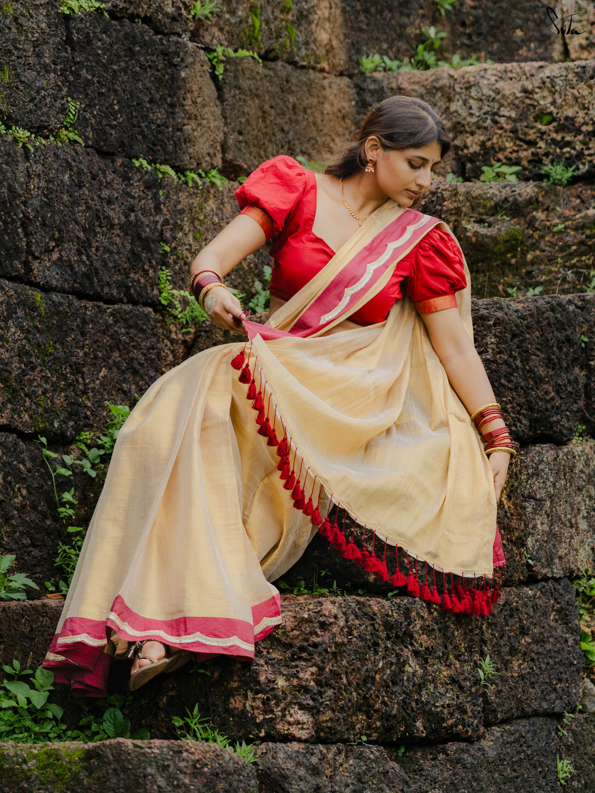Ponvaani -  Gold Cotton Tissue Saree with Red & Gold Lace Border