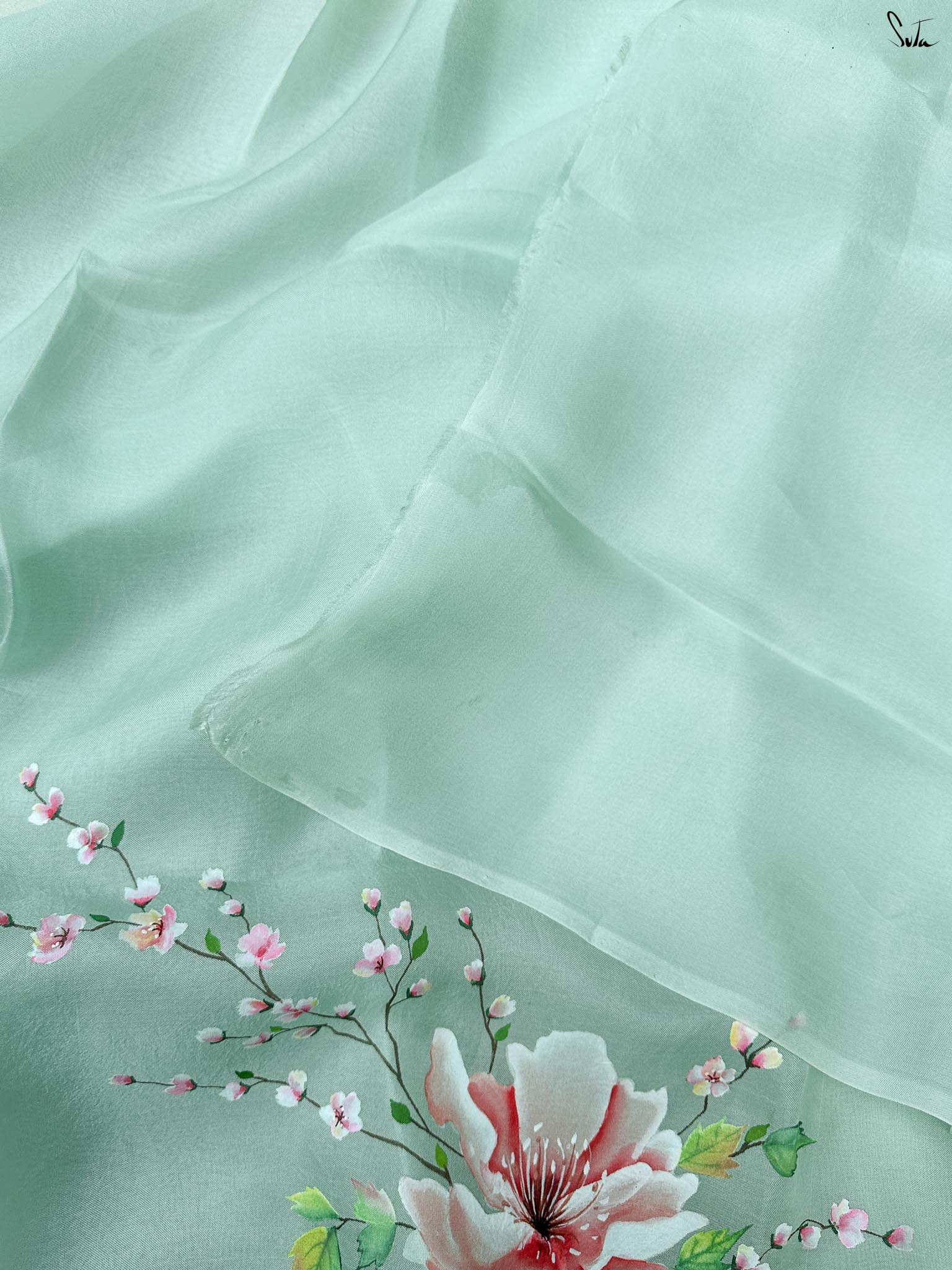 Rosy Mint Whisper (Hand Painted Pure Organza Saree)
