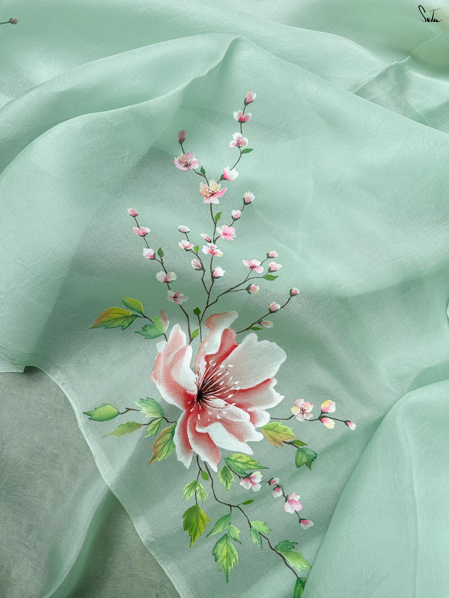 Rosy Mint Whisper (Hand Painted Pure Organza Saree)