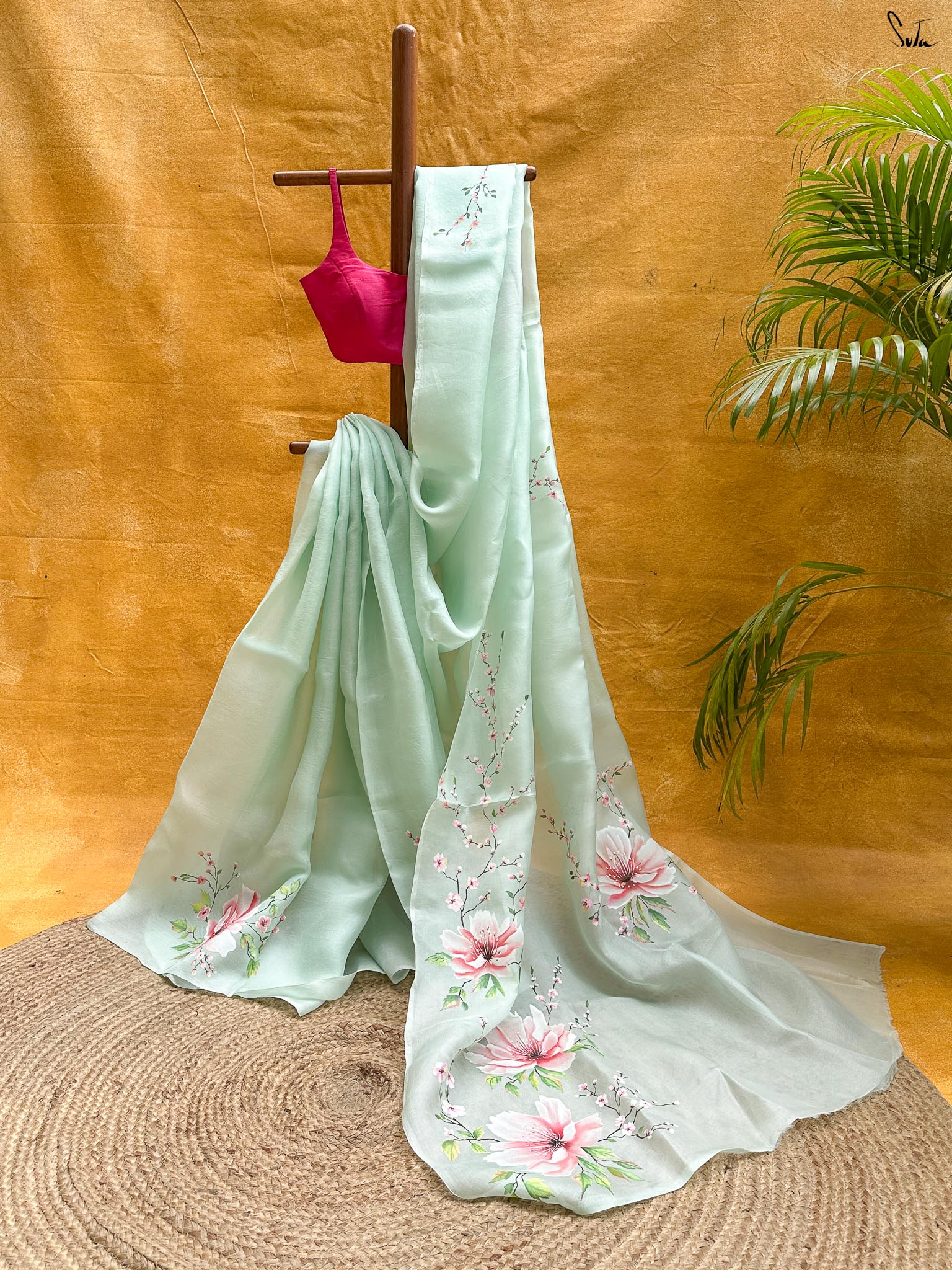 Rosy Mint Whisper (Hand Painted Pure Organza Saree)