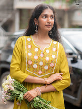 Suta Mustard Silk Kurta Set With Round Neck