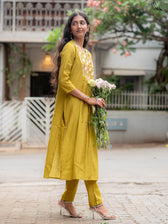Suta Mustard Silk Kurta Set With Round Neck