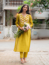 Suta Mustard Silk Kurta Set With Round Neck