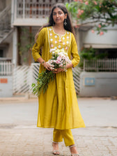 Suta Mustard Silk Kurta Set With Round Neck