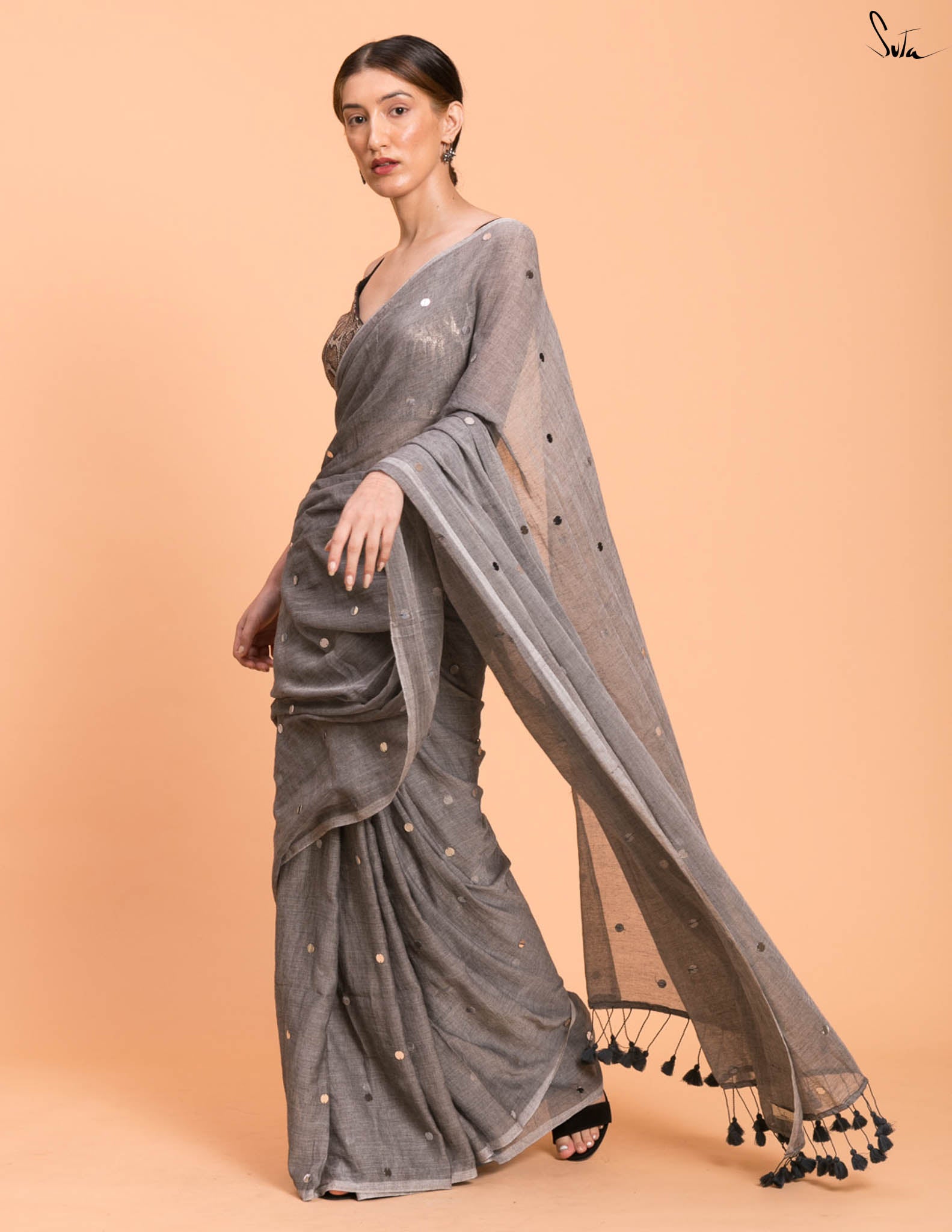Suta Grey Embellished Sequinned Pure Cotton Saree