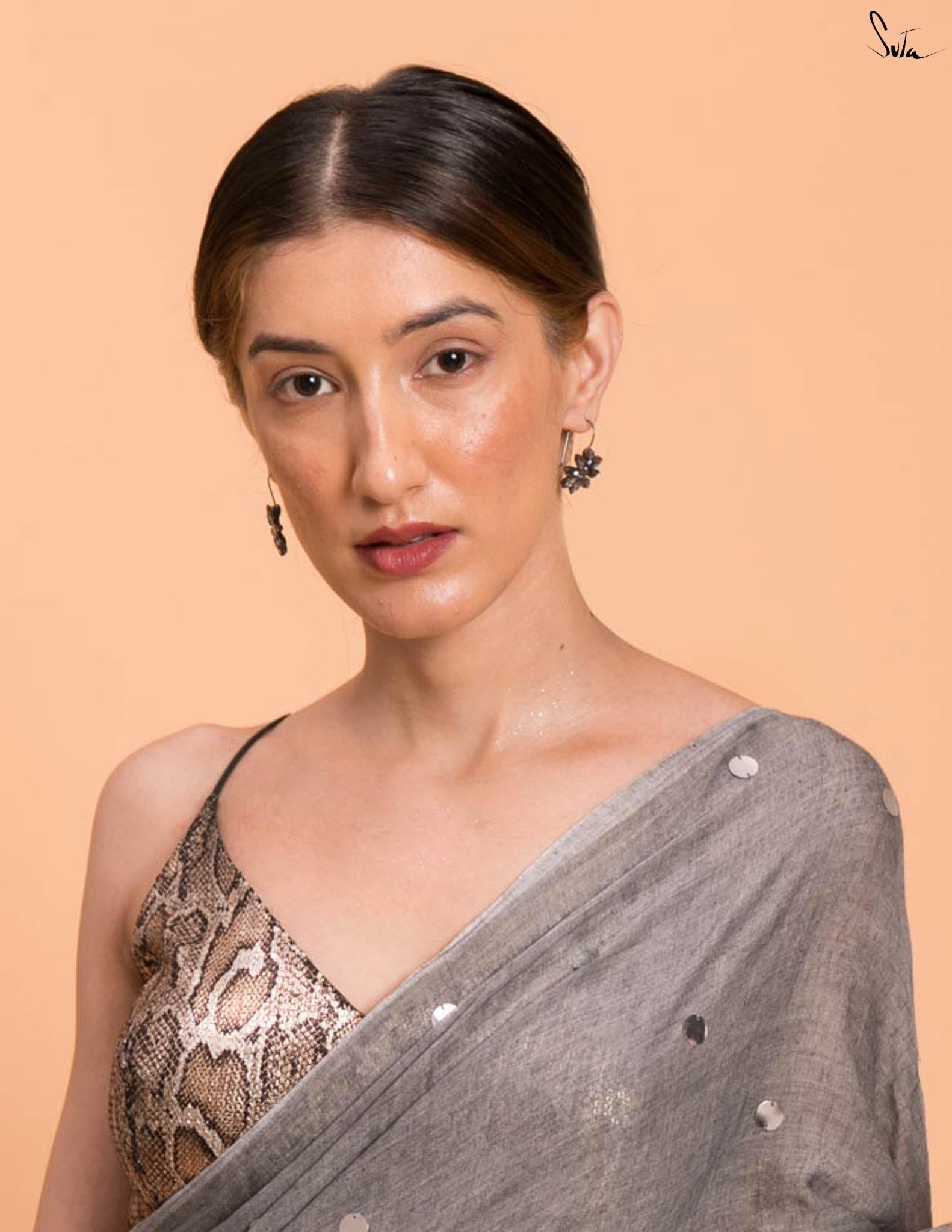 Suta Grey Embellished Sequinned Pure Cotton Saree