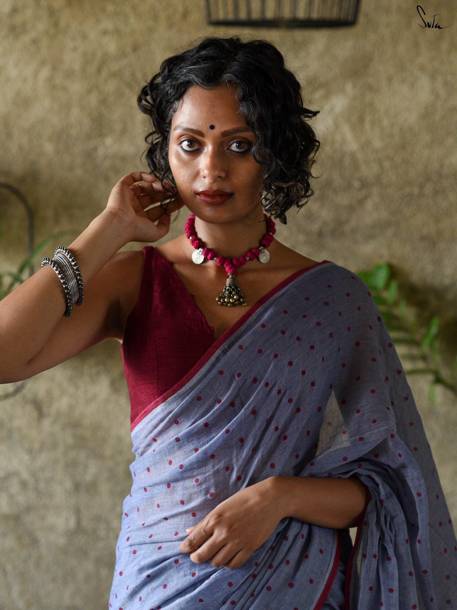 Suta Lavender & Red Polka Dot Printed Pure Cotton Saree