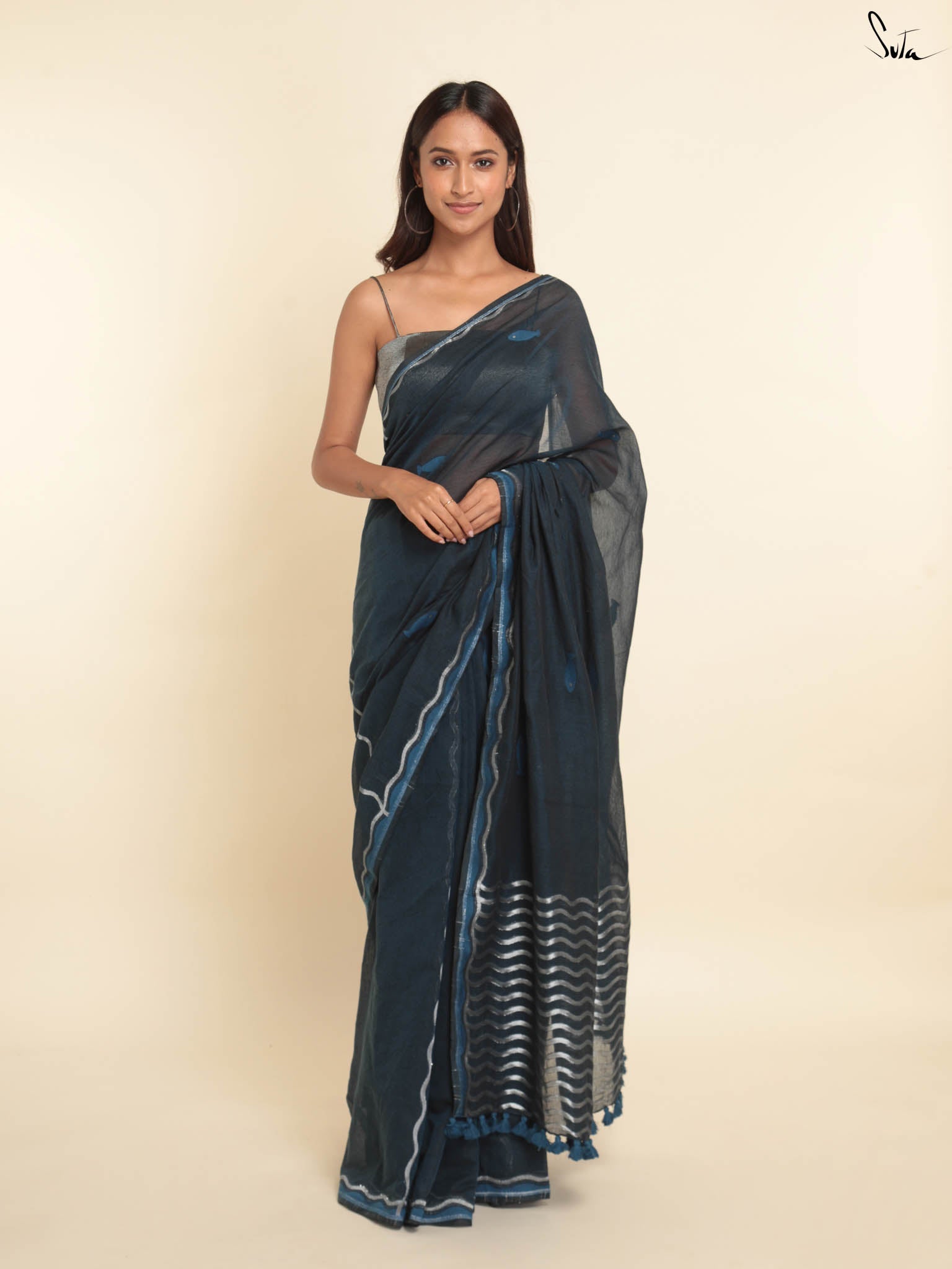 Suta Navy Blue & White Woven Design Saree