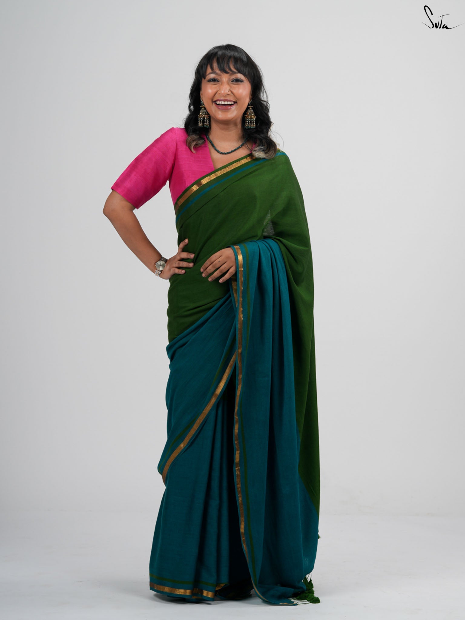 Double Trouble: Green/Teal Saree