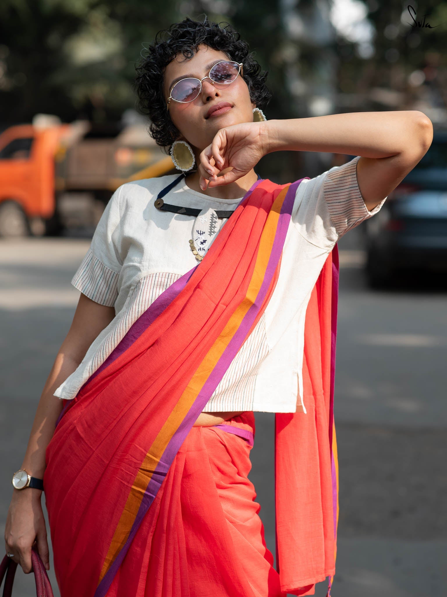 Suta Red & Purple Pure Cotton Saree