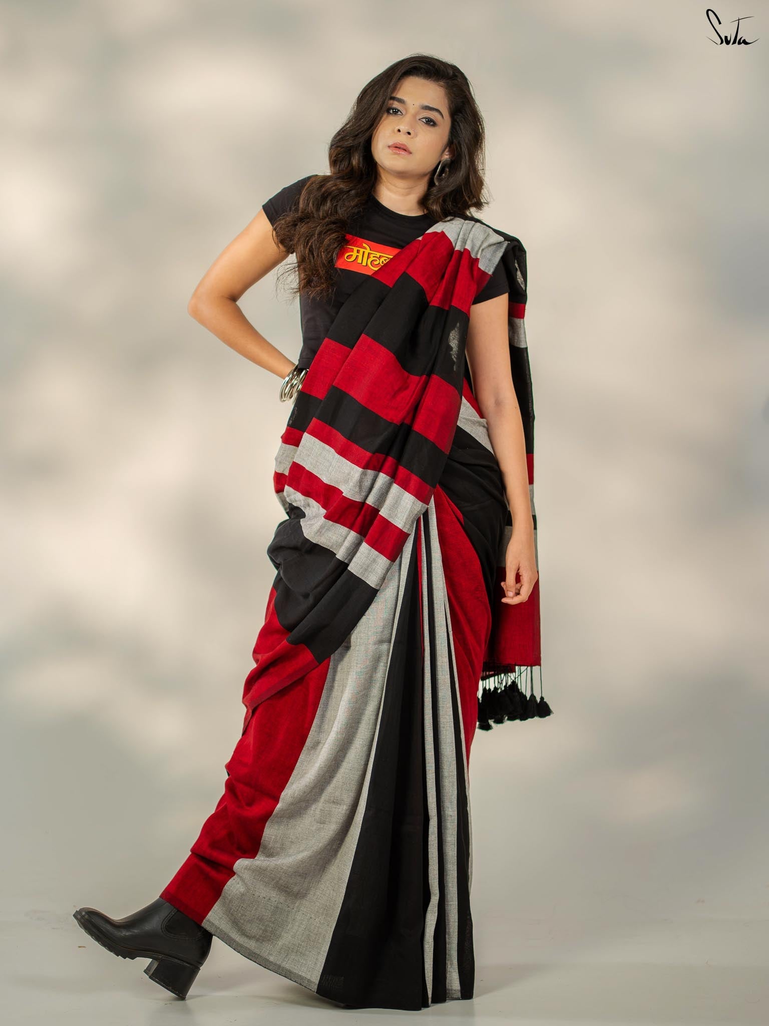 Milthila Palkar in Striped Red Black Grey Saree