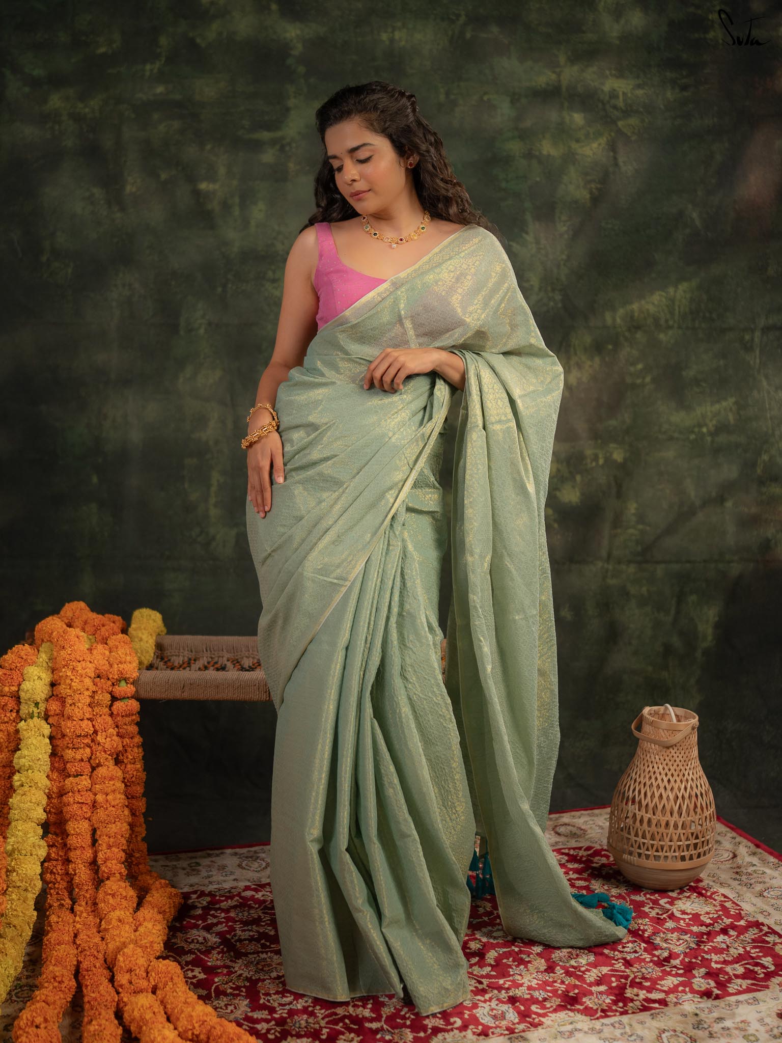 Milthila Palkar in Mint Green Blue Zari Saree