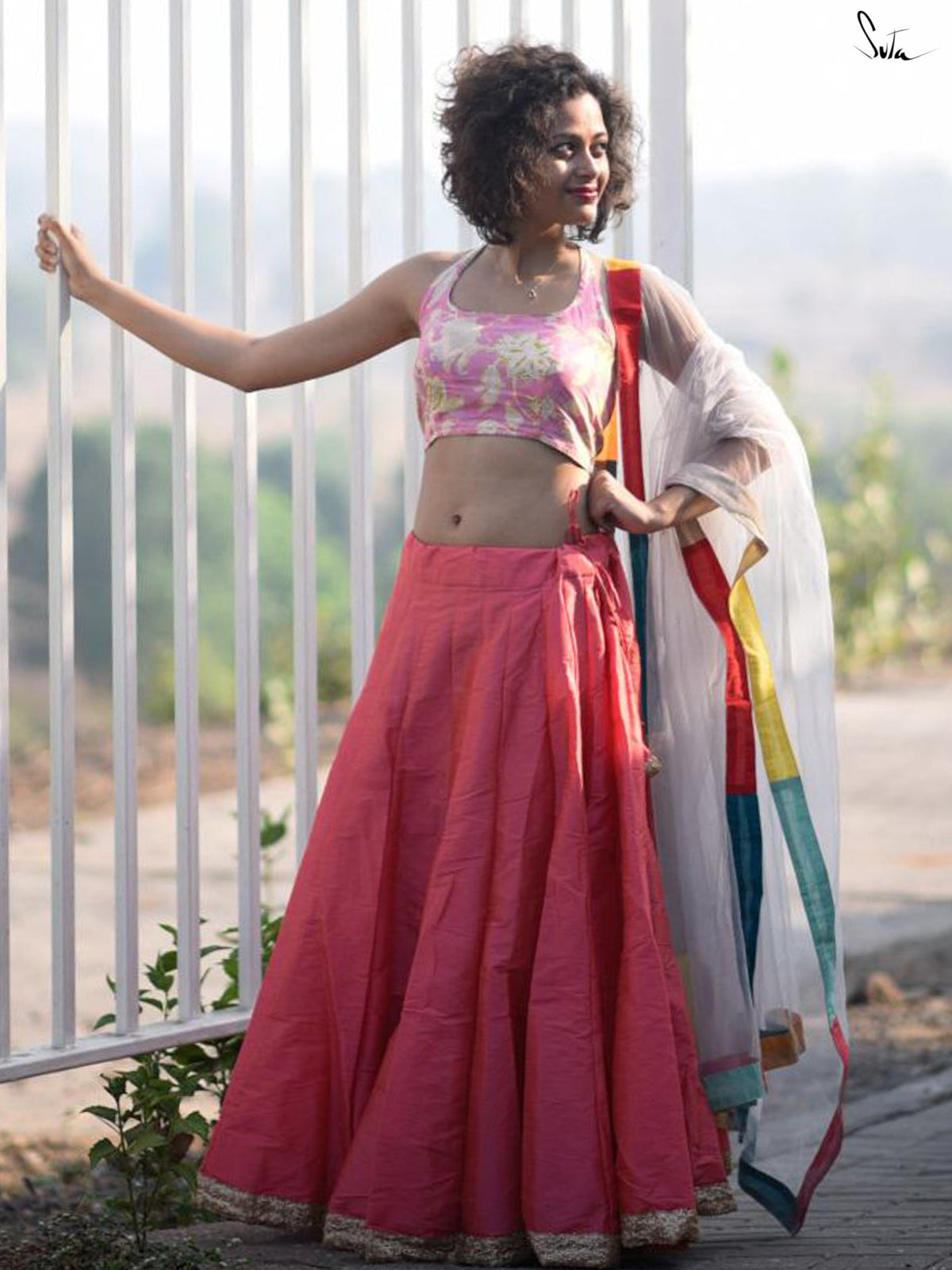 Dhoop Chav Peach and Pink Raw Silk Skirt