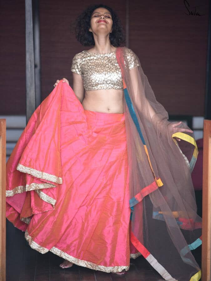 Dhoopchav Pink And Orange Raw Silk Skirt - suta.in