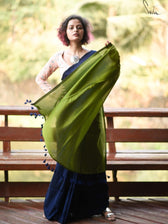 Gratitude - Deep Blue & Bright Green Half and half Cotton Blend Saree