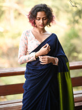 Gratitude - Deep Blue & Bright Green Half and half Cotton Blend Saree