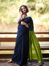 Gratitude - Deep Blue & Bright Green Half and half Cotton Blend Saree